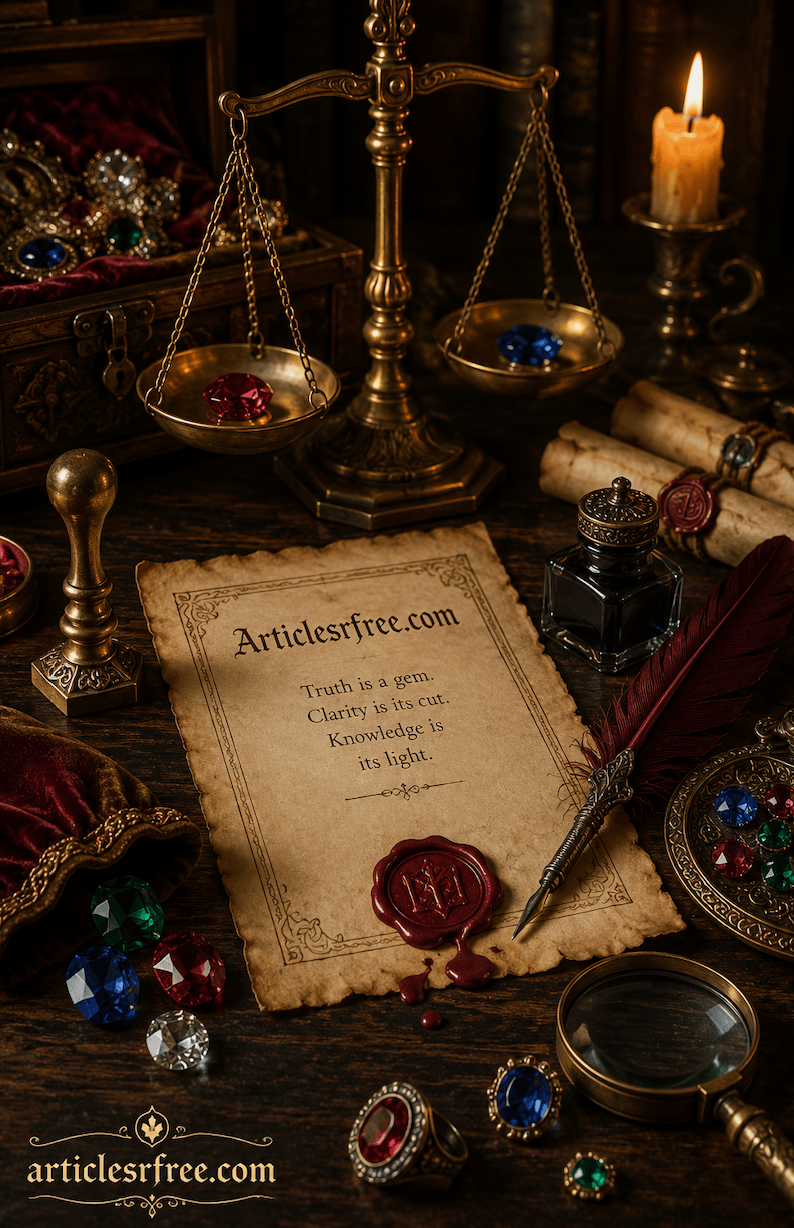 An eccentric gemstone merchant's desk with brass scales, parchment, sealing wax, a quill and cut gemstones